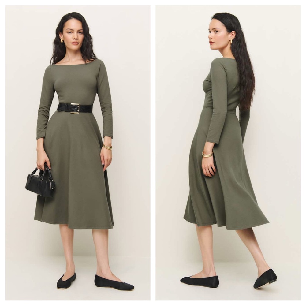 Reformation Wiley Knit Midi Dress A-Line 3/4 Sleeve Boat Neck Stretch Fabric